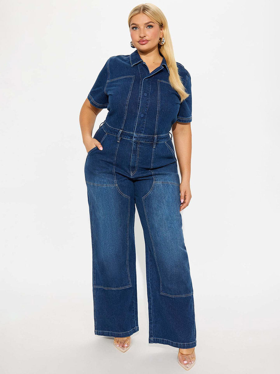 Jumpsuits Deep Blue Turndown Collar Short Sleeves Denim Flared Summer Playsuit