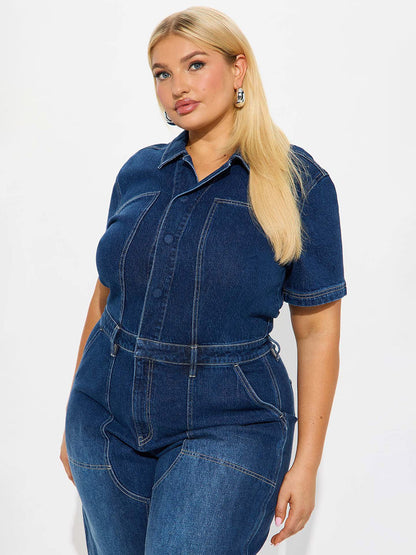 Jumpsuits Deep Blue Turndown Collar Short Sleeves Denim Flared Summer Playsuit