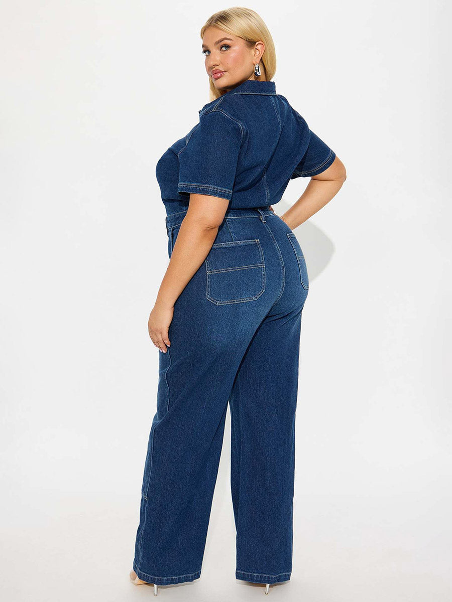 Jumpsuits Deep Blue Turndown Collar Short Sleeves Denim Flared Summer Playsuit
