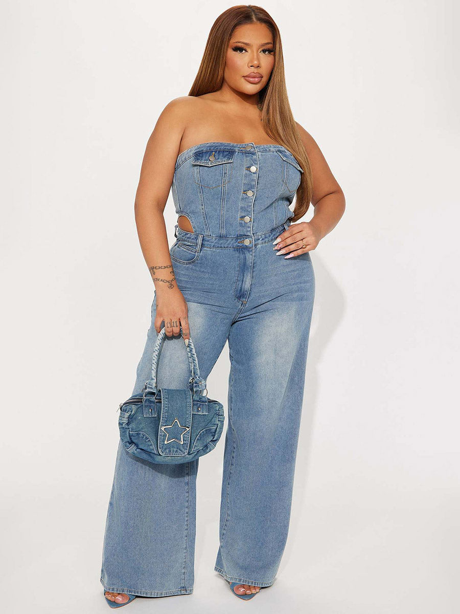 Jumpsuits Light Sky Blue Strapless Sleeveless Denim Loose Summer Playsuit