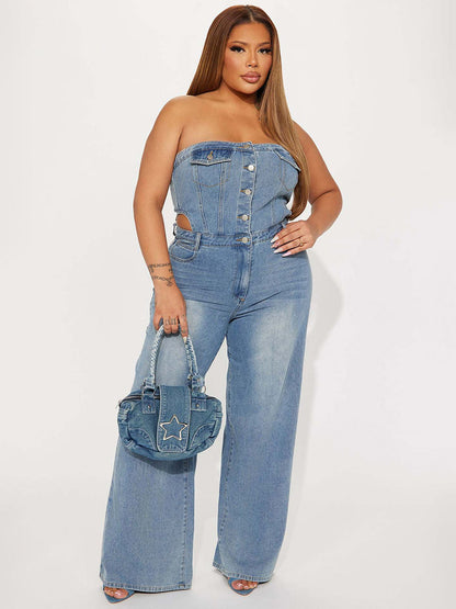 Jumpsuits Light Sky Blue Strapless Sleeveless Denim Loose Summer Playsuit