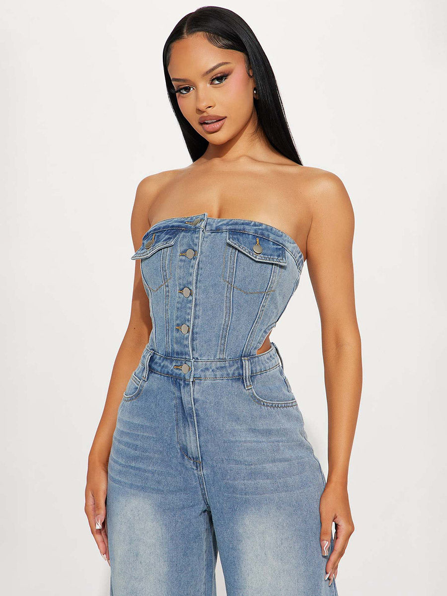 Jumpsuits Light Sky Blue Strapless Sleeveless Denim Loose Summer Playsuit
