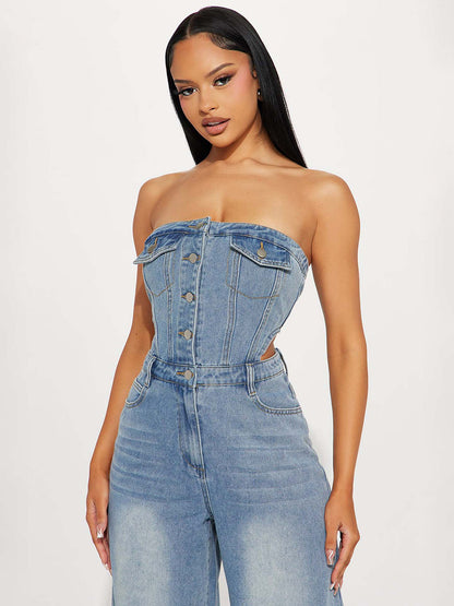 Jumpsuits Light Sky Blue Strapless Sleeveless Denim Loose Summer Playsuit
