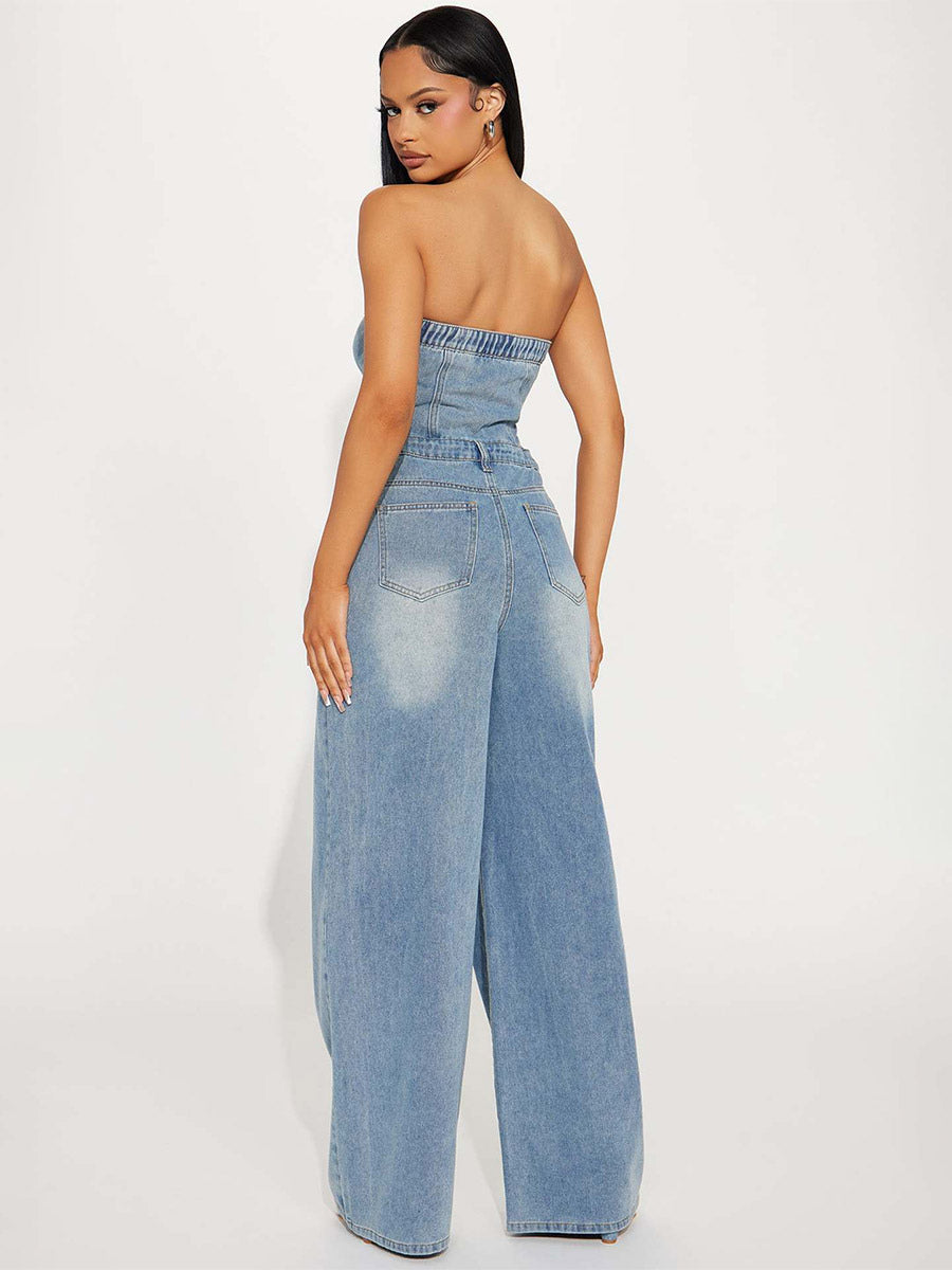 Jumpsuits Light Sky Blue Strapless Sleeveless Denim Loose Summer Playsuit