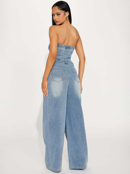 Jumpsuits Light Sky Blue Strapless Sleeveless Denim Loose Summer Playsuit