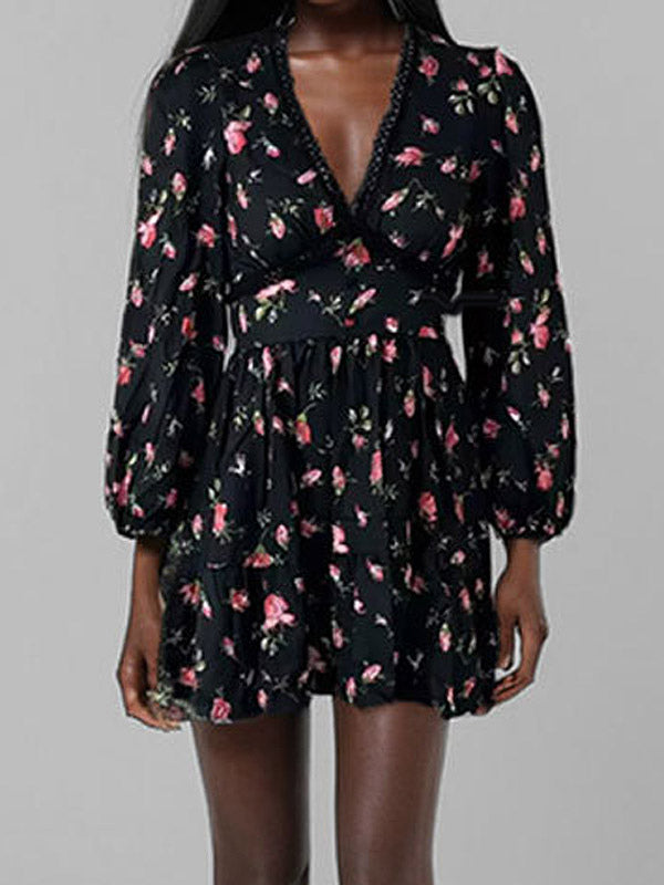 Date Night Dresses Mini Long Sleeves Floral Print V-Neck Elegant White Summer Dress