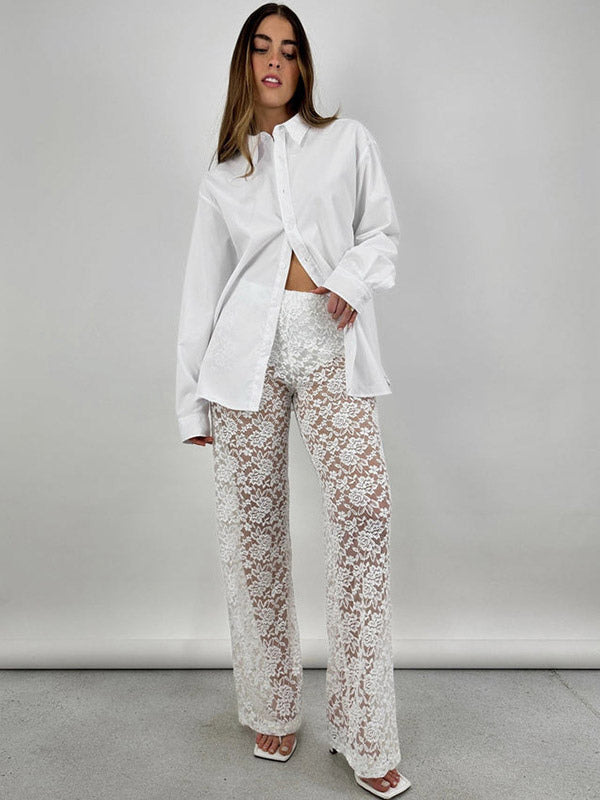 Pants White Lace Lace Natural Waist Straight Trousers