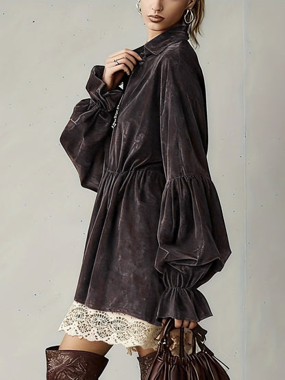 Daily Dresses For Women Mini Dresses Coffee Brown Lace Long Sleeves Turndown Collar Dress