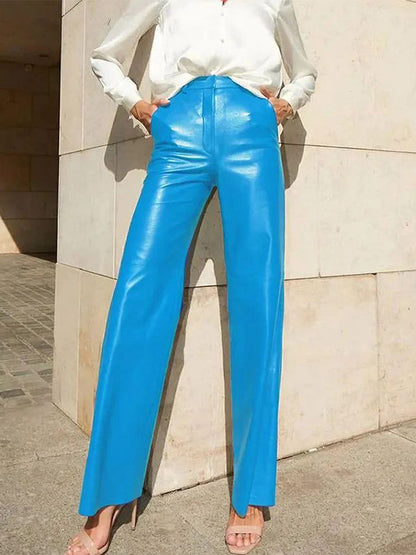 Pants Blue Buttons PU Leather Natural Waist Straight Trousers