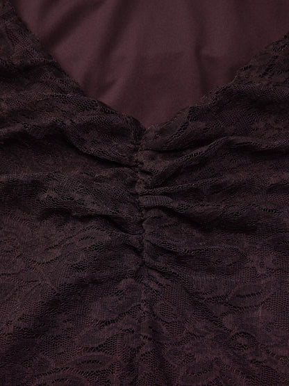 Deep Brown Ruched Lace Halter Mini Dress For Women Bold Casual Style