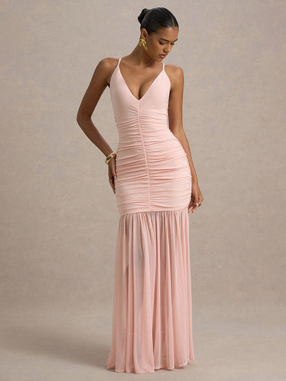 Creamy White V Neck Ruched Sheer Maxi Gown For Women Elegant Formal Style