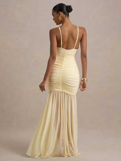 Creamy White V Neck Ruched Sheer Maxi Gown For Women Elegant Formal Style