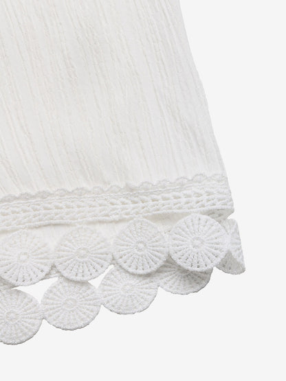 ‌White Lace Hem Drawstring Wide Leg Pants Summer Casual Loose Fit Trousers