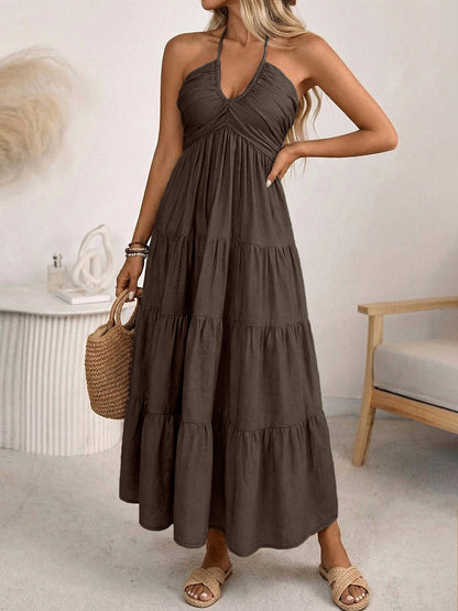 Vacation Maxi Dresses Lace Up Sleeveless Backless V-Neck Sweet Green Summer Dress