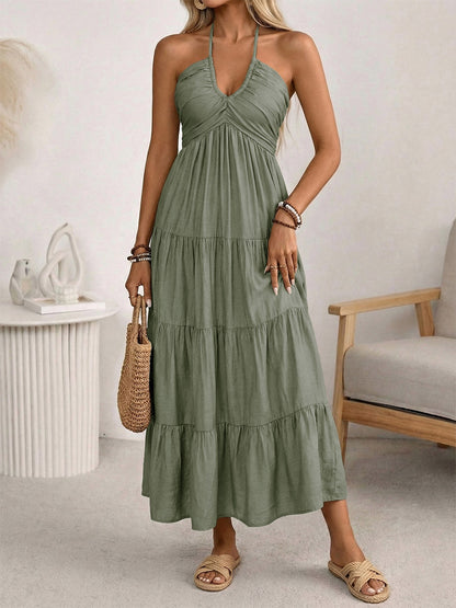 Vacation Maxi Dresses Lace Up Sleeveless Backless V-Neck Sweet Green Summer Dress