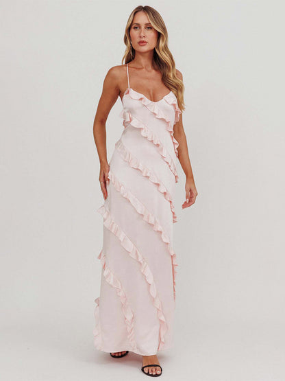 Party Dress Maxi Pink Straps Neck Ruffles Sleeveless Casual Semi Formal Summer Dress