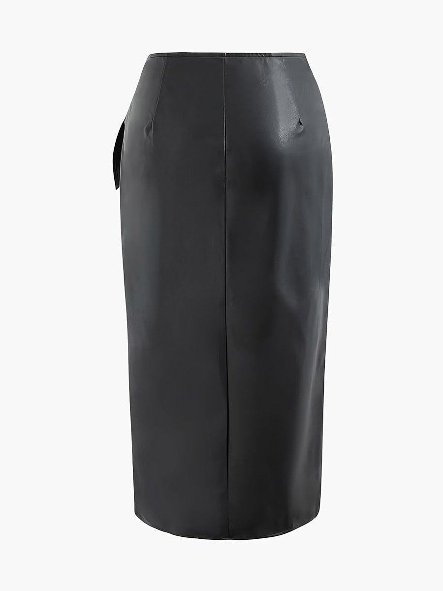 Skirts Black Raised Waist PU Leather Sexy Summer Mid-calf Length Women's Bottoms