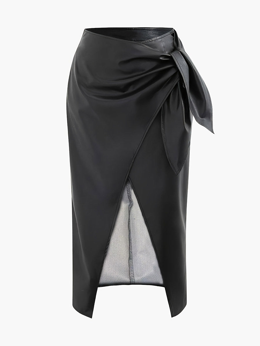 Skirts Black Raised Waist PU Leather Sexy Summer Mid-calf Length Women's Bottoms