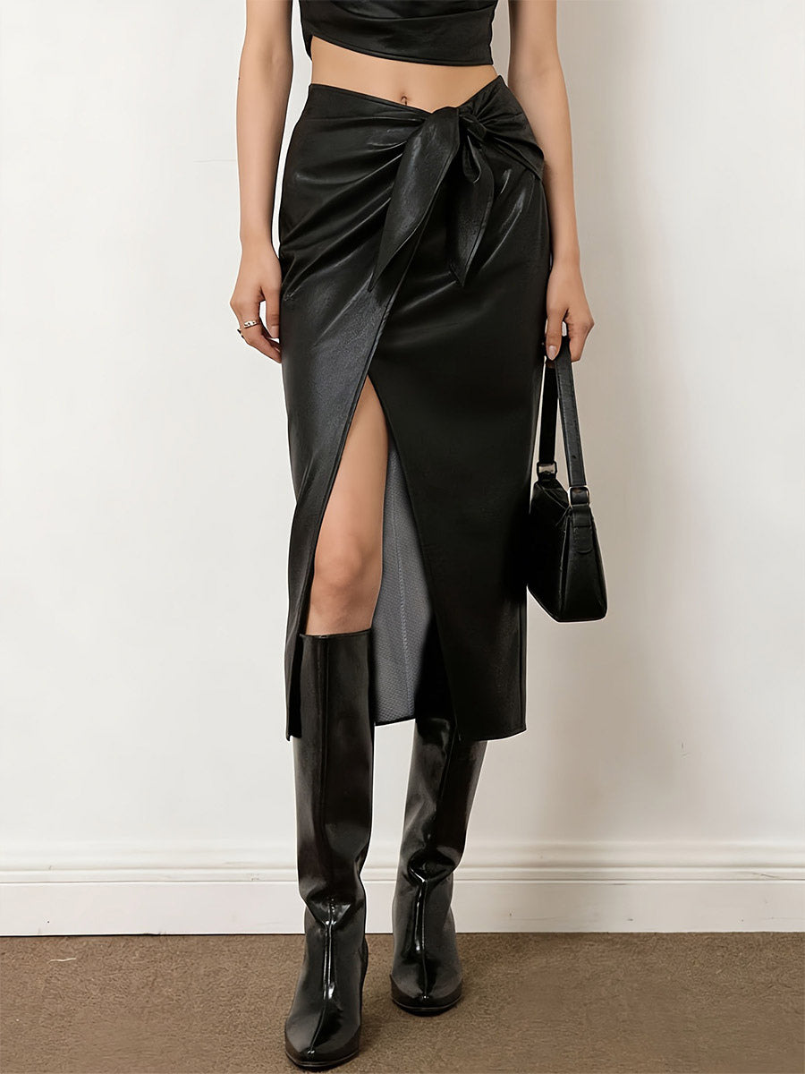 Skirts Black Raised Waist PU Leather Sexy Summer Mid-calf Length Women's Bottoms