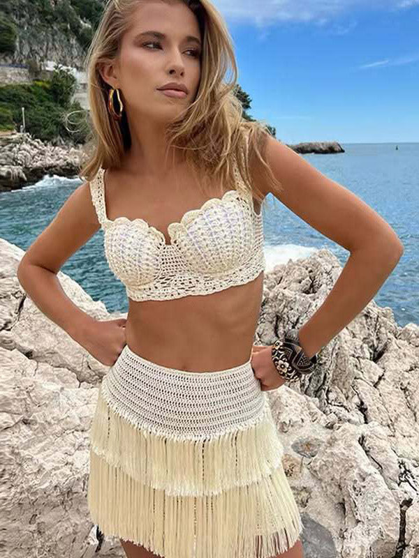 Two Piece Sets Skirt Set Ecru White Chic Fringe Beach Traps Neck Sleeveless Top Skirt Sets