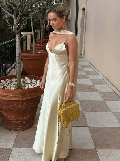 Creamy White Halter Neck Satin Maxi Dress For Women Elegant Formal Style