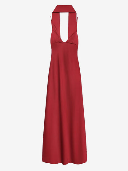 Creamy White Halter Neck Satin Maxi Dress For Women Elegant Formal Style