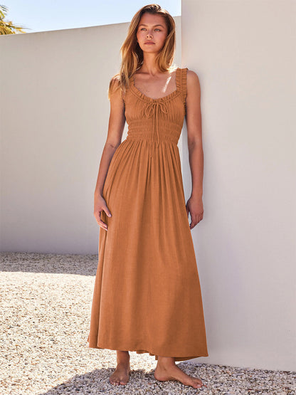 Cream V Neck Ruffled Strap Maxi Dress For Women Elegant Summer Style