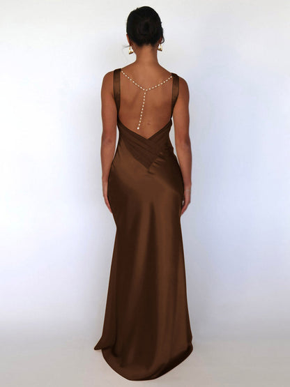 Ivory V Neck Satin Maxi Dress For Women Elegant Formal Style