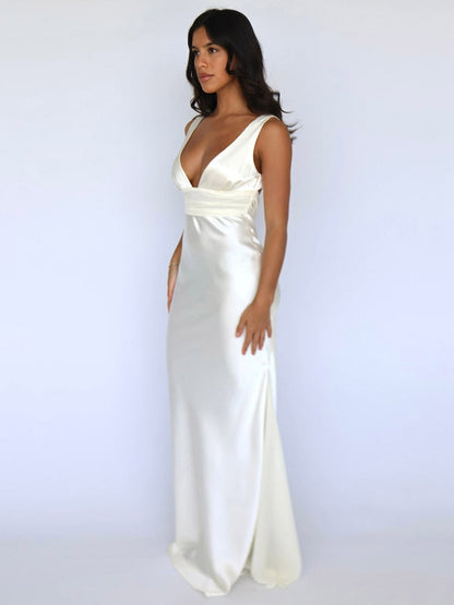 Ivory V Neck Satin Maxi Dress For Women Elegant Formal Style