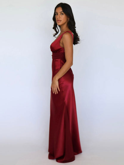Ivory V Neck Satin Maxi Dress For Women Elegant Formal Style