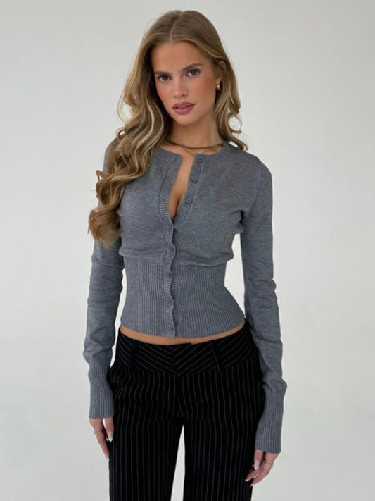 Sweaters Cardigans Deep Purple Polyester Buttons Long Sleeves Jewel Neck Cardigans