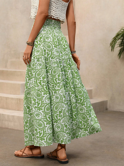 Women's Green Paisley Print High Low Maxi Skirt Smocked Waist Tiered Flowy Boho Summer Skirt With Tassel Tie