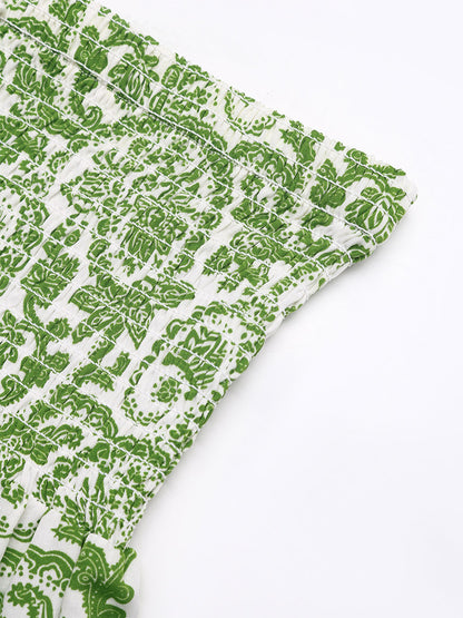 Women's Green Paisley Print High Low Maxi Skirt Smocked Waist Tiered Flowy Boho Summer Skirt With Tassel Tie