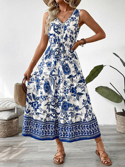 Vacation Dresses Midi Sleeveless Strapless V-Neck Chic Deep Blue Summer Dress