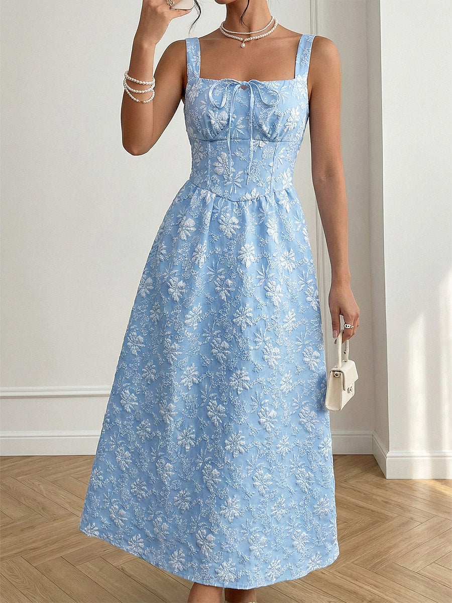 Date Night Maxi Dress Lace Up Sleeveless Backless Square Neck Sweet Blue Dress