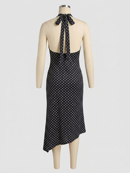 Party Dress Midi Black Halter Sleeveless Polka Dot Semi Formal Summer Dress