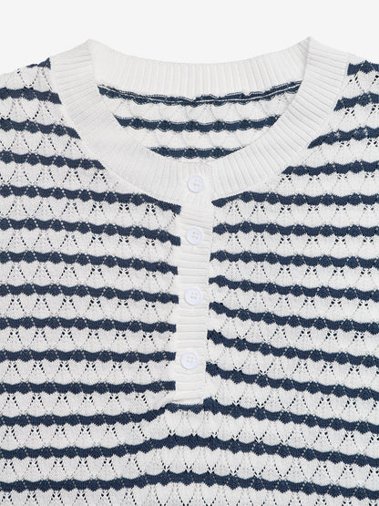 Tops Short Sleeves Tees Dark Navy Stripes Buttons Jewel Neck T-Shirt
