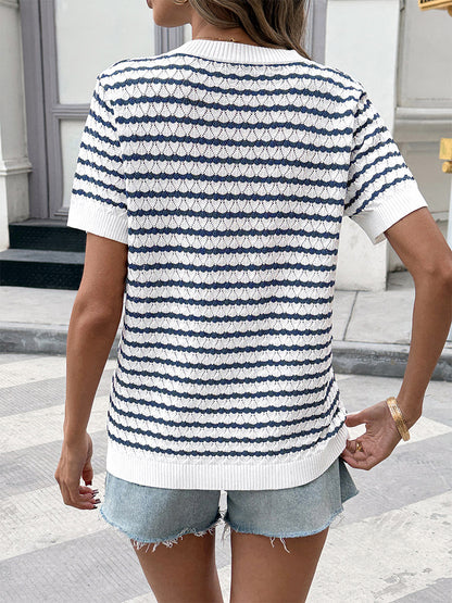 Tops Short Sleeves Tees Dark Navy Stripes Buttons Jewel Neck T-Shirt