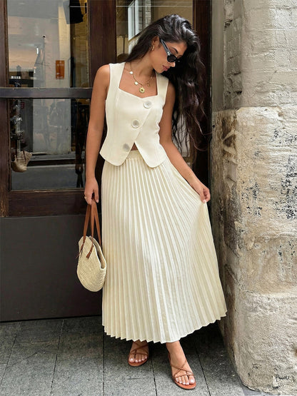 Two Piece Sets Skirt Set Maxi Apricot Elegant Buttons Square Neck Sleeveless Sets