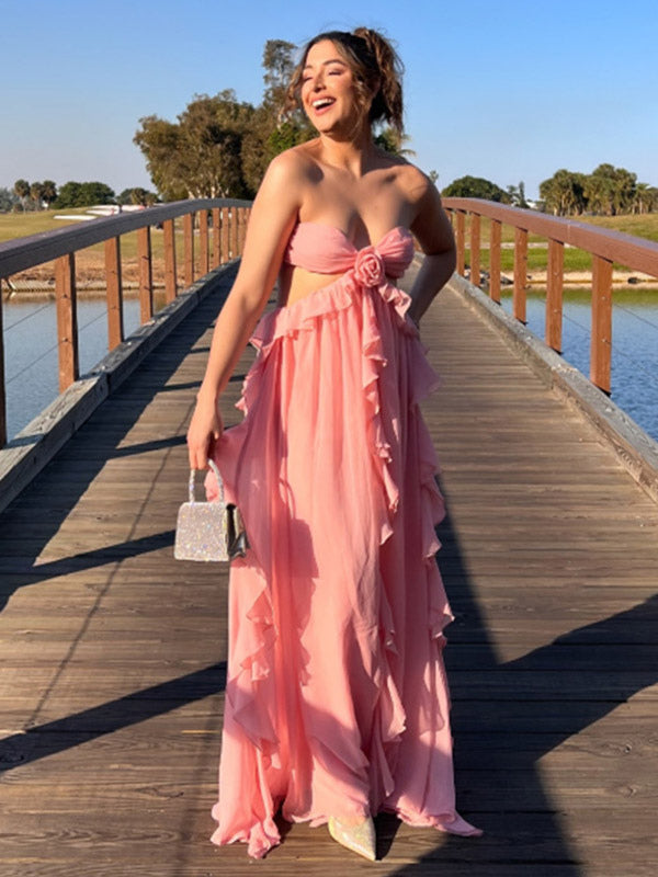 Vacation Dresses Maxi Lace Up Sleeveless Off-The-Shoulder Chic Pink Summer Dress