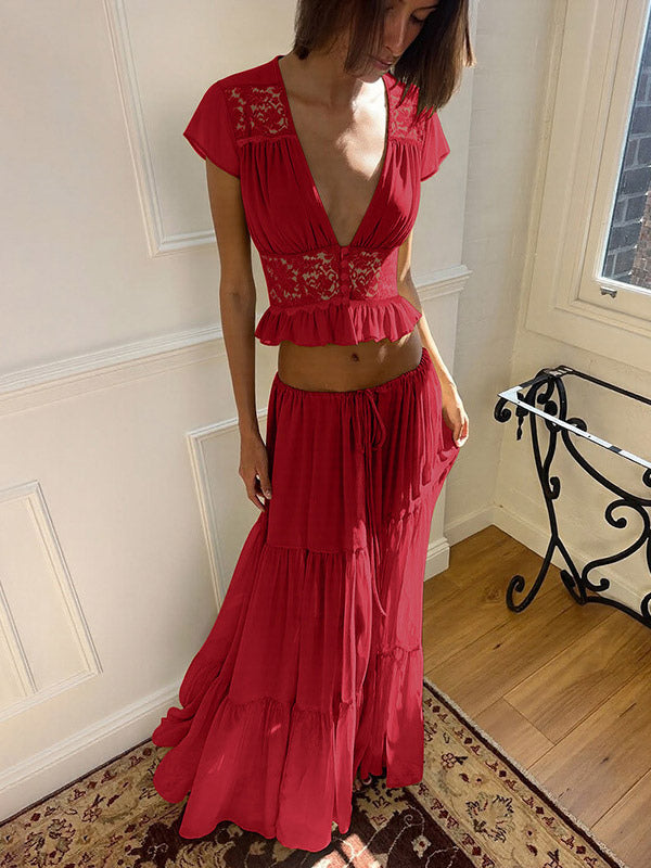 Vacation Skirt Suits Maxi Lace Short Sleeves V-Neck Chic Avocado Green Skirt Suits