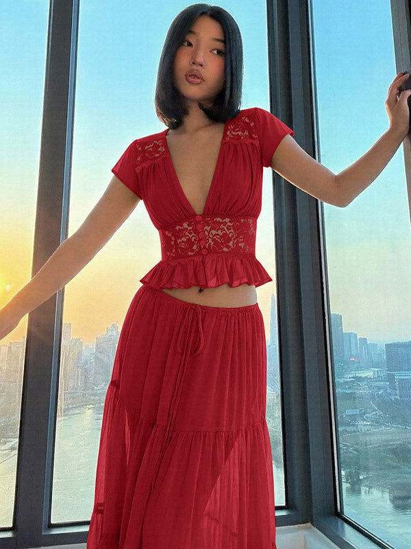 Vacation Skirt Suits Maxi Lace Short Sleeves V-Neck Chic Avocado Green Skirt Suits
