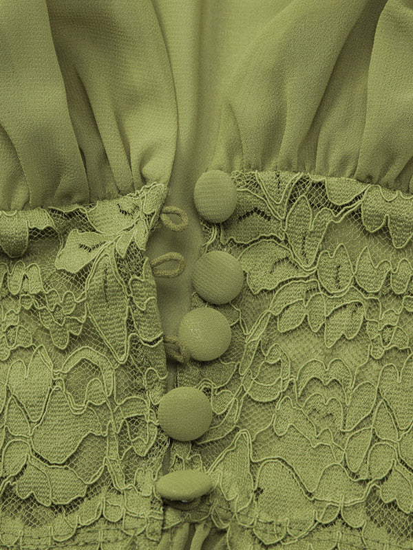 Vacation Skirt Suits Maxi Lace Short Sleeves V-Neck Chic Avocado Green Skirt Suits
