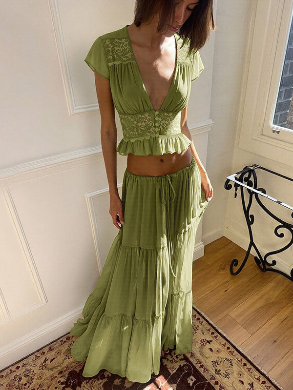 Vacation Skirt Suits Maxi Lace Short Sleeves V-Neck Chic Avocado Green Skirt Suits