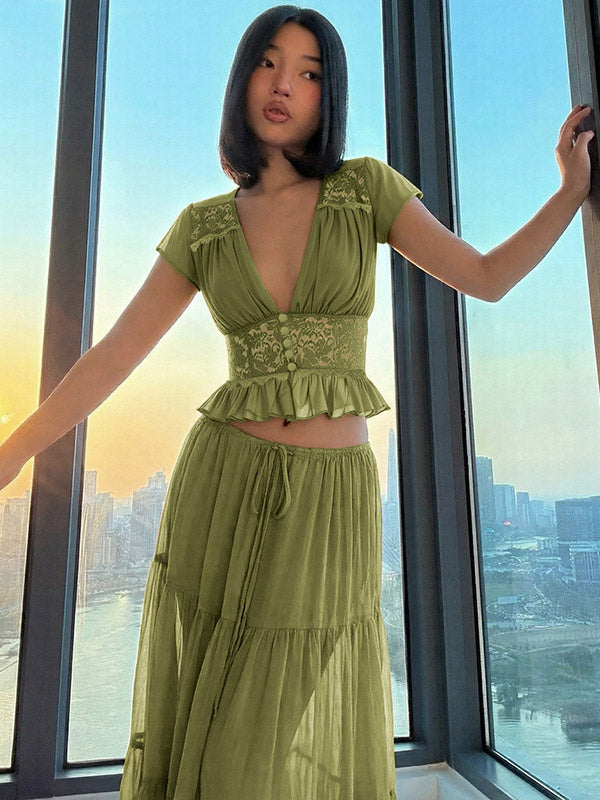 Vacation Skirt Suits Maxi Lace Short Sleeves V-Neck Chic Avocado Green Skirt Suits