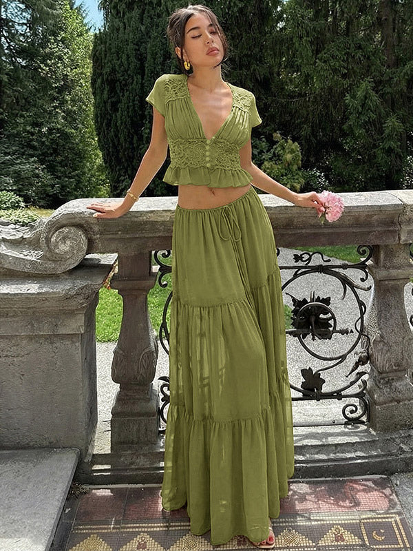 Vacation Skirt Suits Maxi Lace Short Sleeves V-Neck Chic Avocado Green Skirt Suits