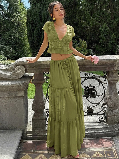 Vacation Skirt Suits Maxi Lace Short Sleeves V-Neck Chic Avocado Green Skirt Suits