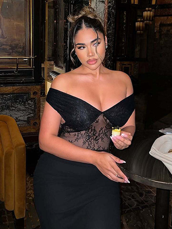 Party Maxi Dresses Black V-Neck Lace Sleeveless Elegant Semi Formal Summer Dress