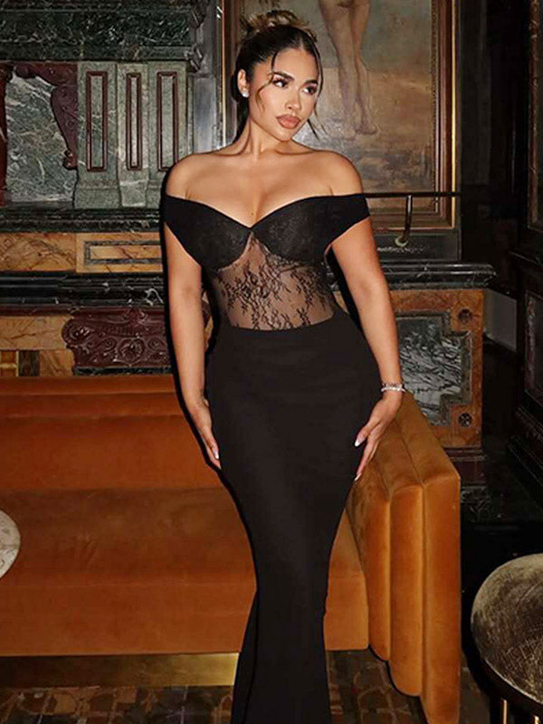 Party Maxi Dresses Black V-Neck Lace Sleeveless Elegant Semi Formal Summer Dress