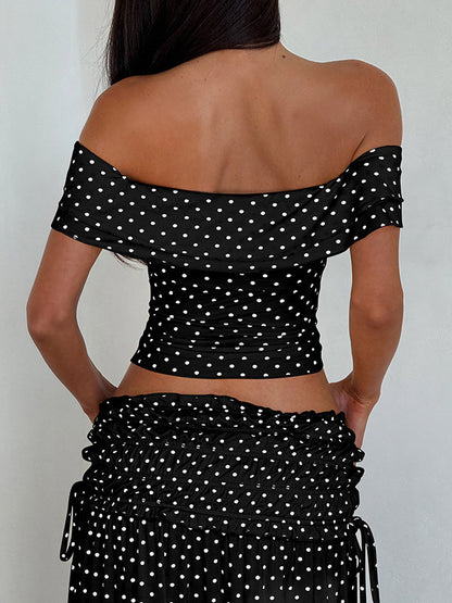 Vacation Two-Piece Set Maxi Flower Ruffled Short Sleeves Off-Shoulder Crop Top Maxi Skirt Sets